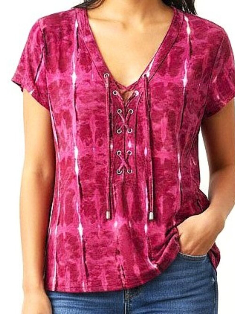 INC International Concepts | Pink Tie Dye Lace Up Short Sleeve Top | Size Medium